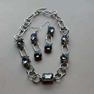 Silver-Tone Black Crystal Link Necklace & Earring Set